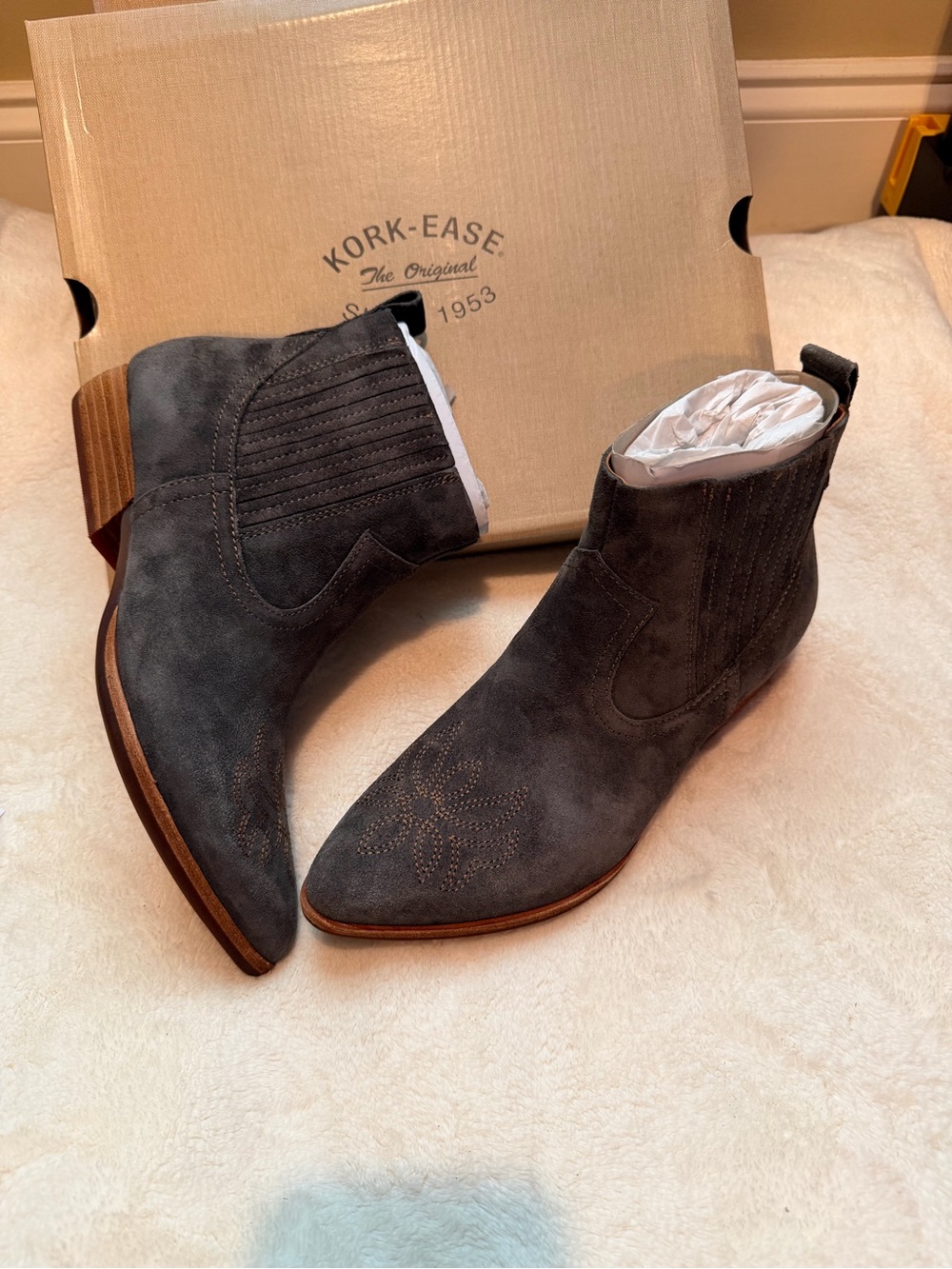 Kork-Ease Charcoal Suede Western Ankle Booties